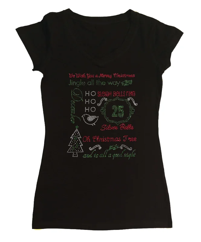 Womens T-shirt with Christmas Sayings in Rhinestones Ribbed T-Shirt High Neck Heavyweight