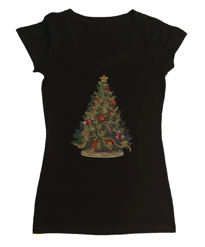 Womens T-shirt with Colorful Christmas Tree in Rhinestuds Striped Floral Plaid