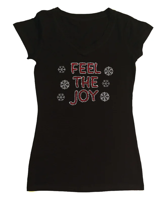 Womens T-shirt with Feel the Joy with Snowflakes Christmas in Rhinestones Striped Floral Plaid