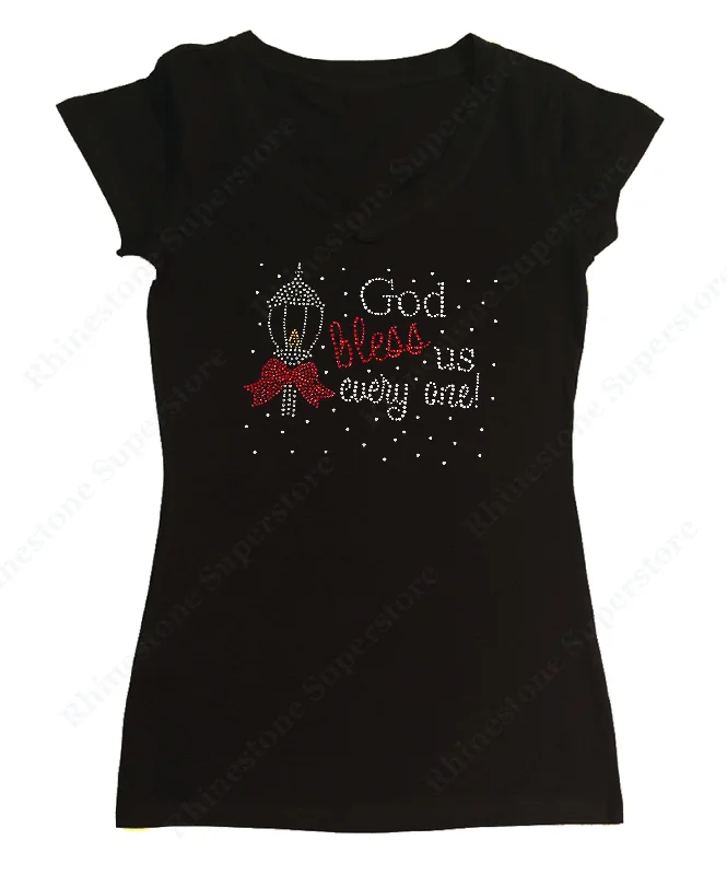 Womens T-shirt with God bless us every one! Christmas Design in Rhinestones Rayon Fabric Velvet Fabric Corduroy Fabric