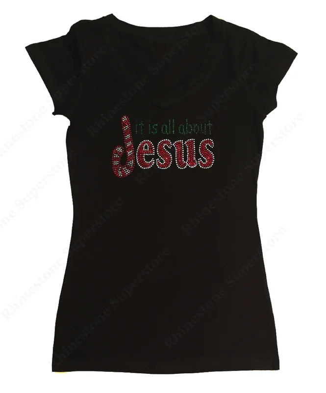 Womens T-shirt with It is all about Jesus Christmas Candy Cane in Rhinestone Seamless Knitted Crochet