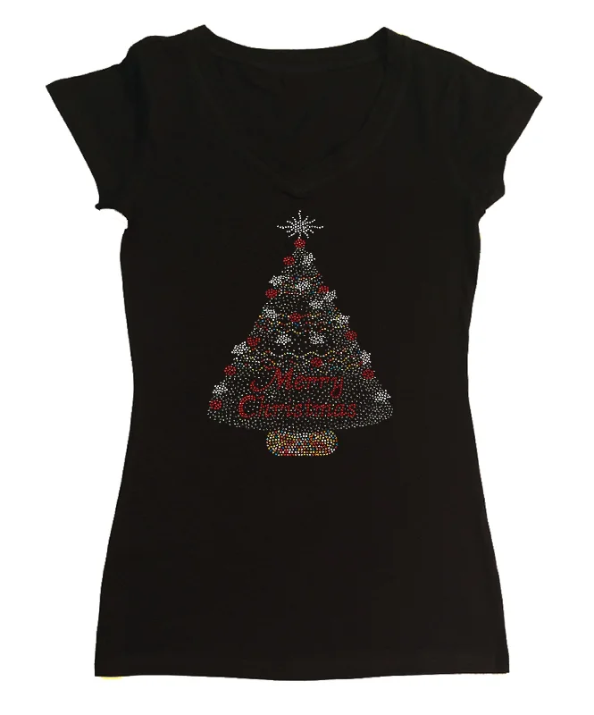 Womens T-shirt with Merry Christmas Colorful Tree in Rhinestones Fashionable Trendy Casual