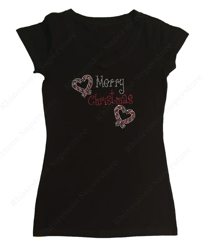 Womens T-shirt with Merry Christmas with Heart Candy Cane in Rhinestones Modern Contemporary Chic