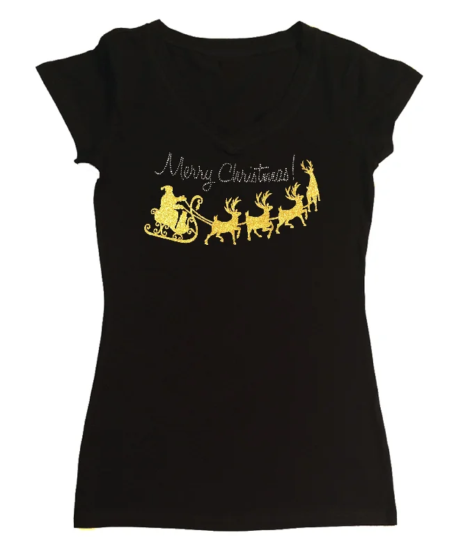 Womens T-shirt with Merry Christmas with Yellow Santa Slay in Glitters and Rhinestones Elasticated Padded Insulated