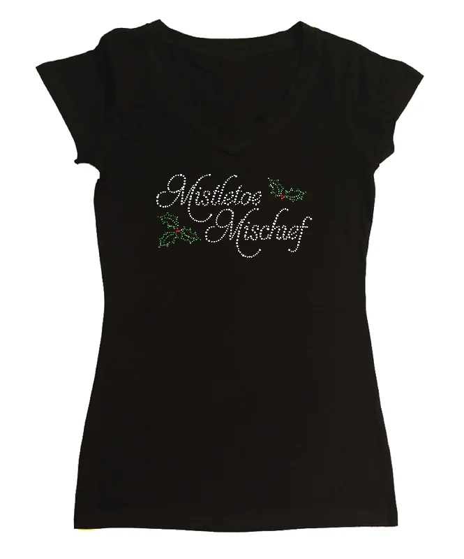 Womens T-shirt with Mistletoe Mischief Christmas in Rhinestones Ribbed T-Shirt High Neck Heavyweight