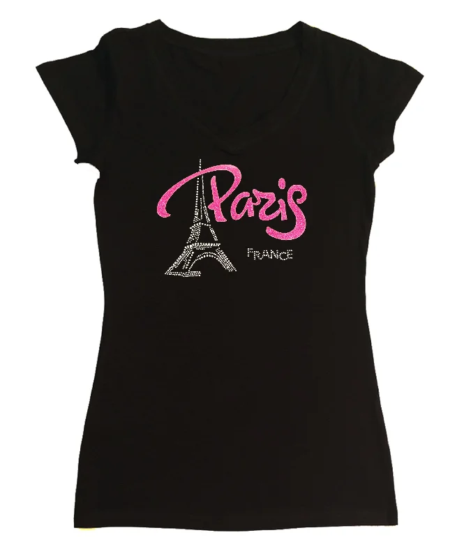 Womens T-shirt with Pink Paris Eiffel Tower in Rhinestones Boxy Fit Fitted Loose