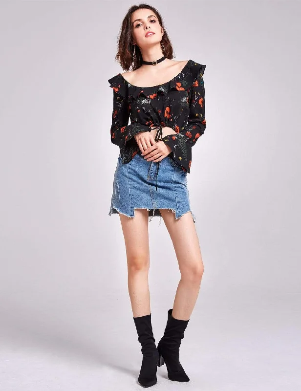 Alisa Pan Long Sleeves Printed Crop Top Spandex Blend Rayon Blend Denim Blend