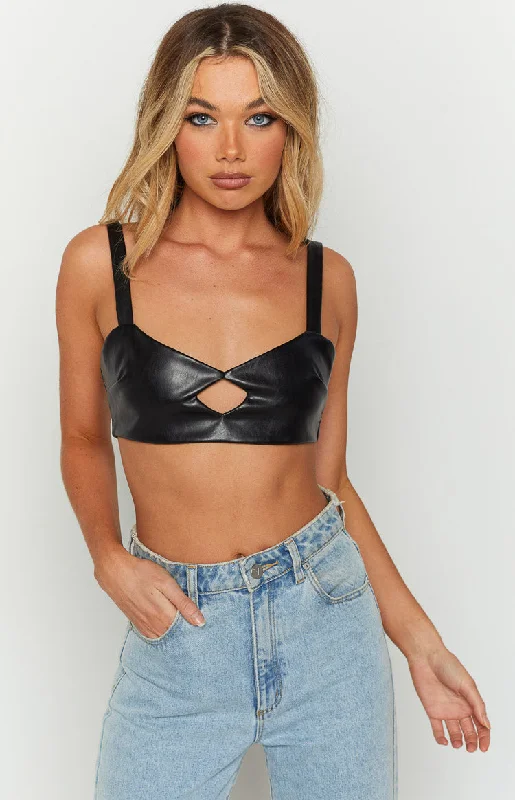 Annalise Black PU Crop Top Solid Print Embellished