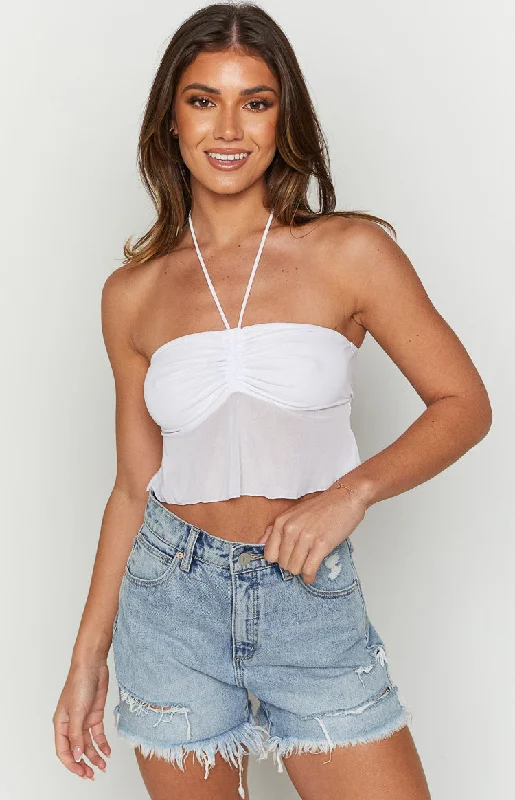 Bella White Halter Crop Top Embroidered Appliqued Beaded