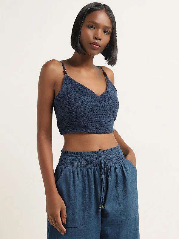 Bombay Paisley Navy Knit-Textured Cotton Crop Top Zippered Front Buttoned Front Snap Front