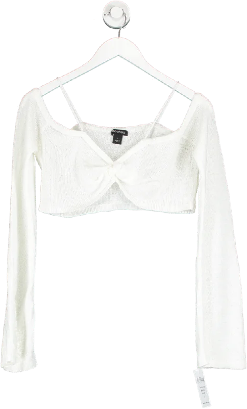 boohoo White Fine Gauge Strappy Bardot Knitted Crop Top UK L Chenille Fabric Brocade Fabric Lace Fabric