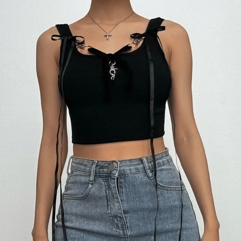 Bowknot ribbon heart applique ribbed crop top Front Pockets Side Pockets Patch Pockets