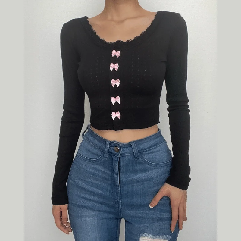 Bowknot textured long sleeve lace hem contrast crop top Mesh Canvas Denim