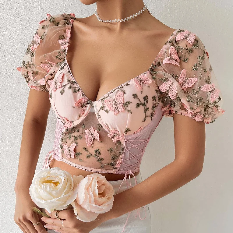 Butterfly embroidery drawstring mesh lace up bustier crop top Striped Floral Plaid