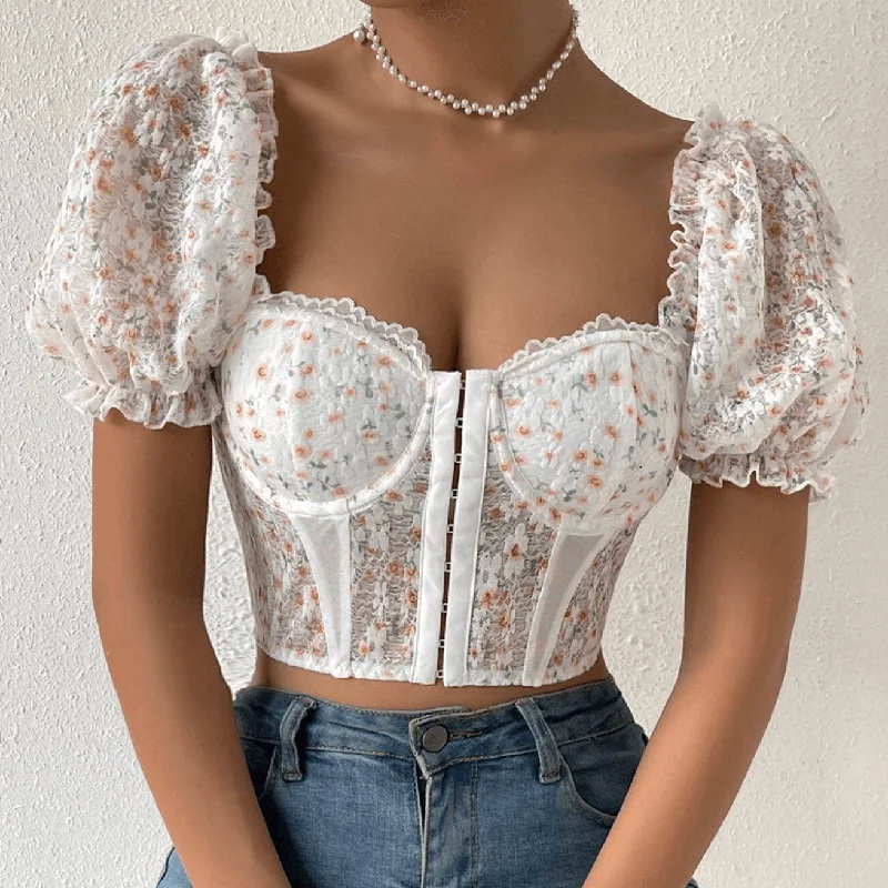 KittenAlarm - Cassie Sweetheart Floral Hook And Eye Crop Top Lace Blend Ribbed Blend Corduroy Blend