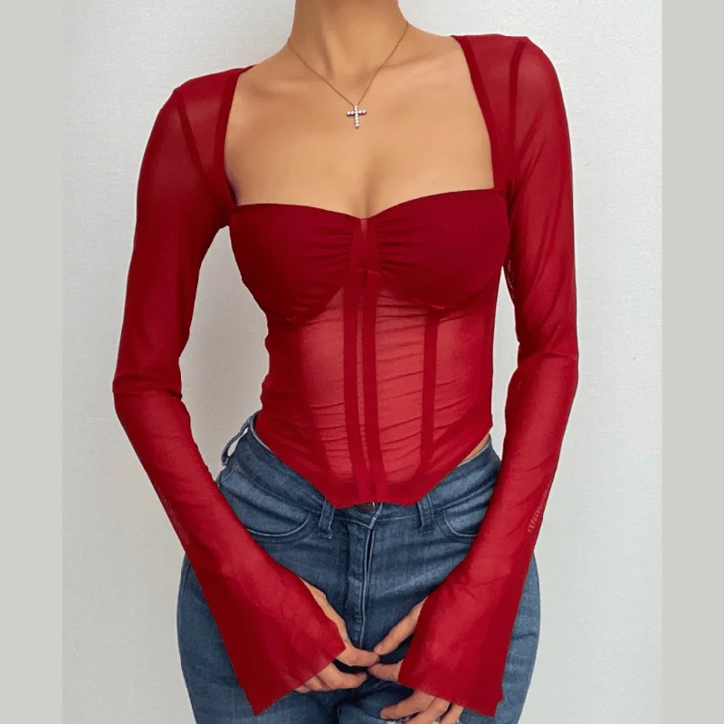 Corset mesh long sleeve solid ruched square neck crop top Silk Blend Satin Velvet