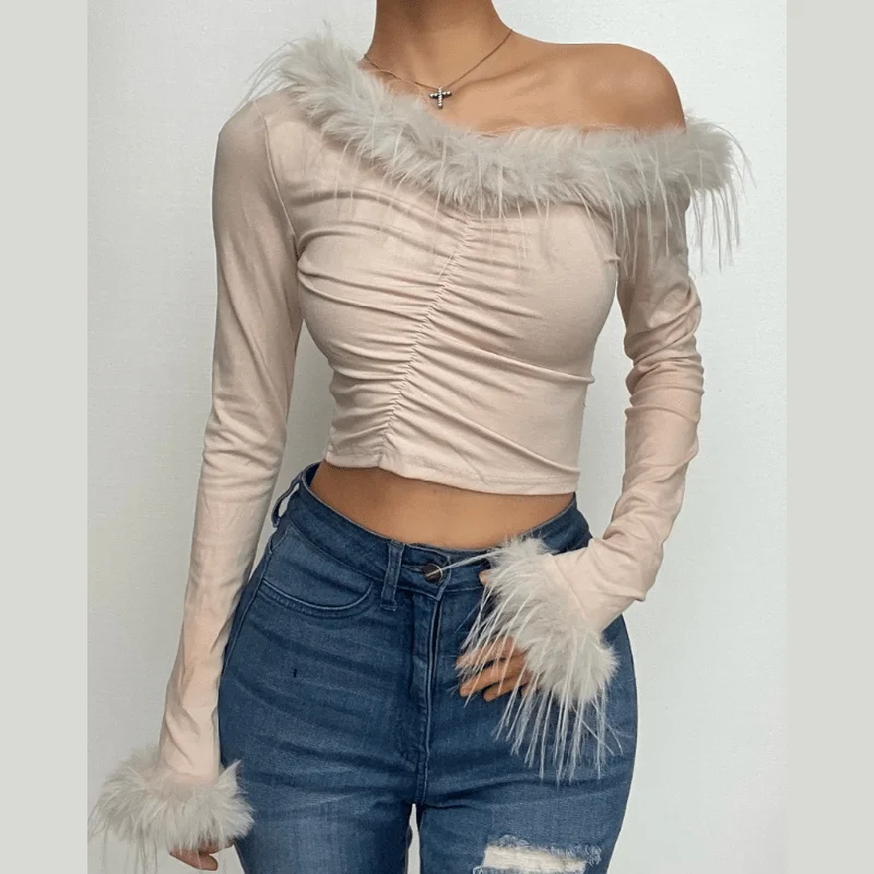 Feather irregular long sleeve ruched off shoulder crop top Crop Top Seamless Stretchy