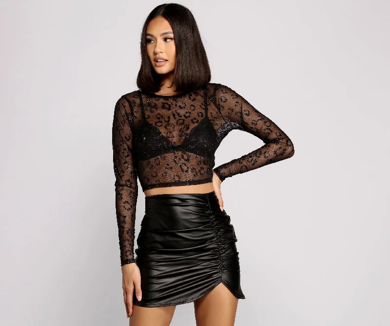 Get Spotted Glitter Mesh Crop Top Solid Print Embellished