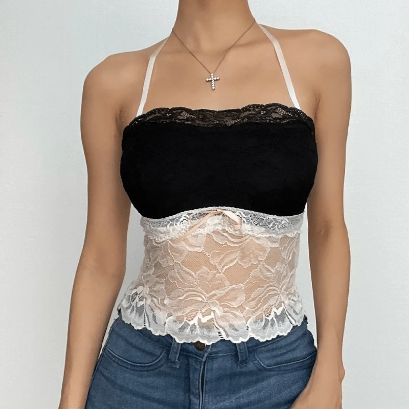 Halter bowknot lace contrast backless see through crop top Cotton Fabric Linen Fabric Terry Fabric