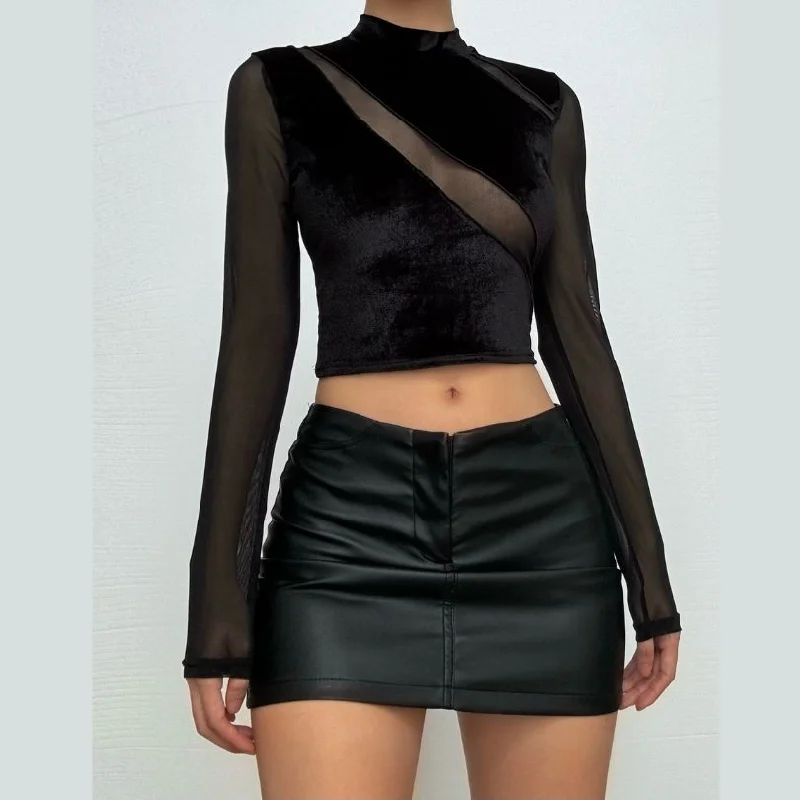 High neck mesh velvet patchwork long sleeve crop top Mesh Blend Leather Blend Suede Blend