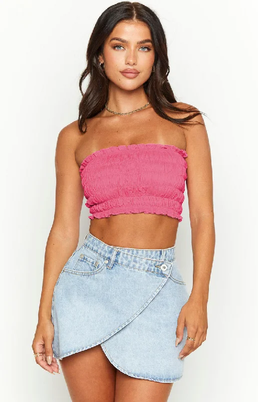 Kyra Pink Linen Blend Crop Top Solid Print Embellished