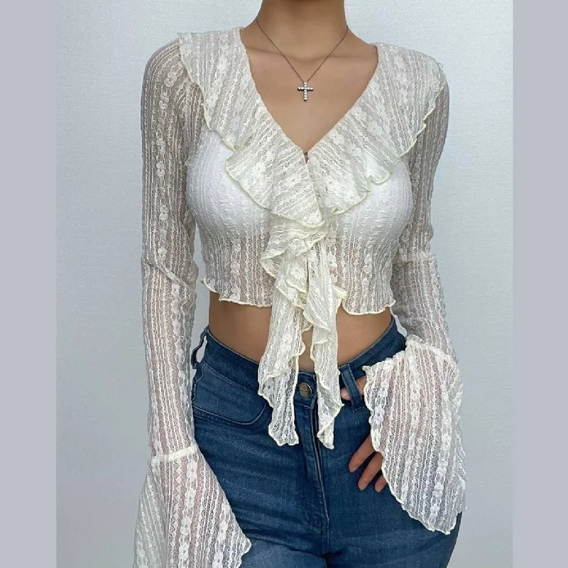 Lace see through flared sleeve v neck ruffle solid button crop top Casual Formal Business