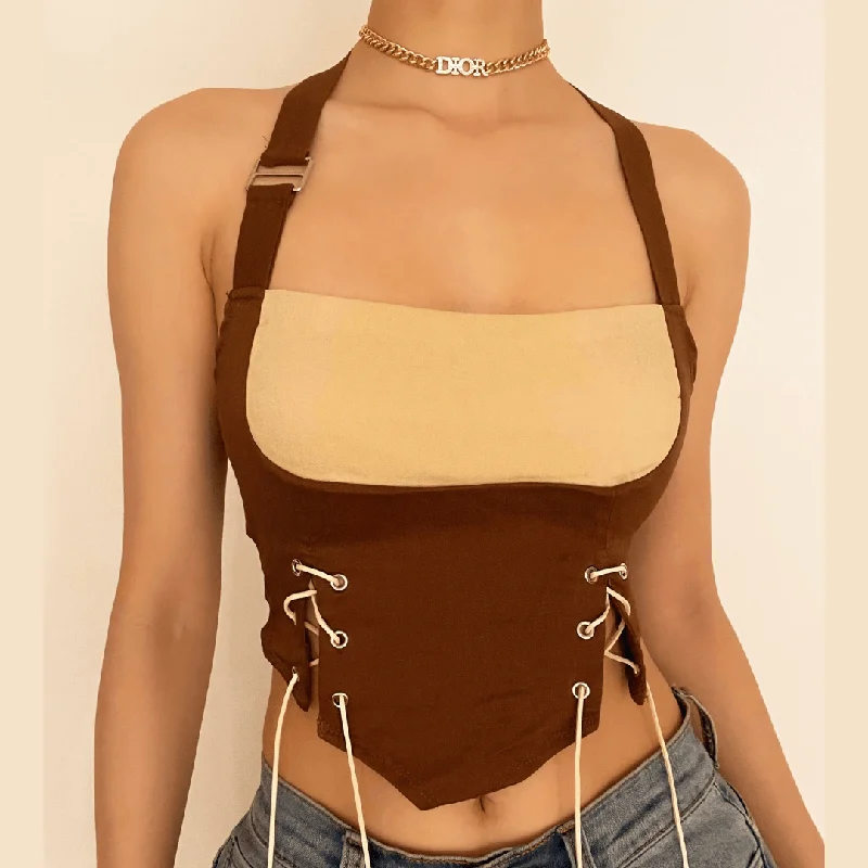 Lace up halter open back crop top Chenille Blend Fleece Blend Nylon Blend