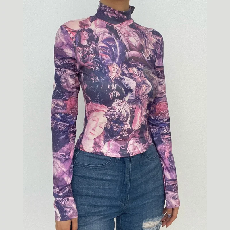 Long sleeve high neck abstract print contrast crop top Print Jacquard Patchwork