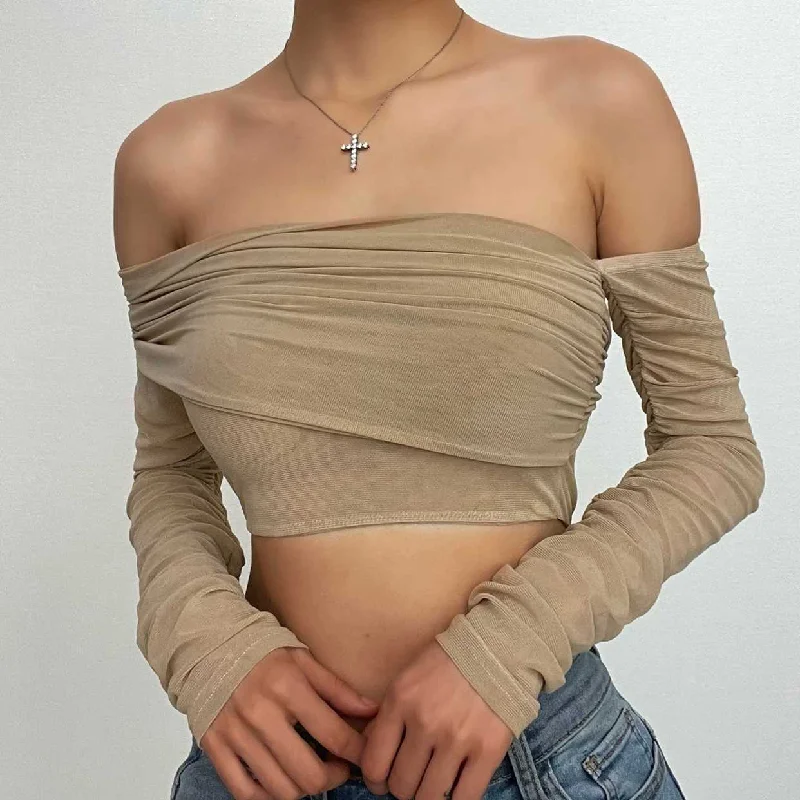 Long sleeve solid mesh off shoulder irregular crop top Nylon Fabric Polyester Fabric Spandex Fabric