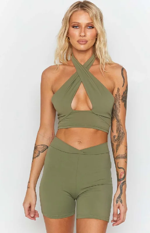 Lost City Crop Top Khaki Terry Blend Velvet Blend Canvas Blend