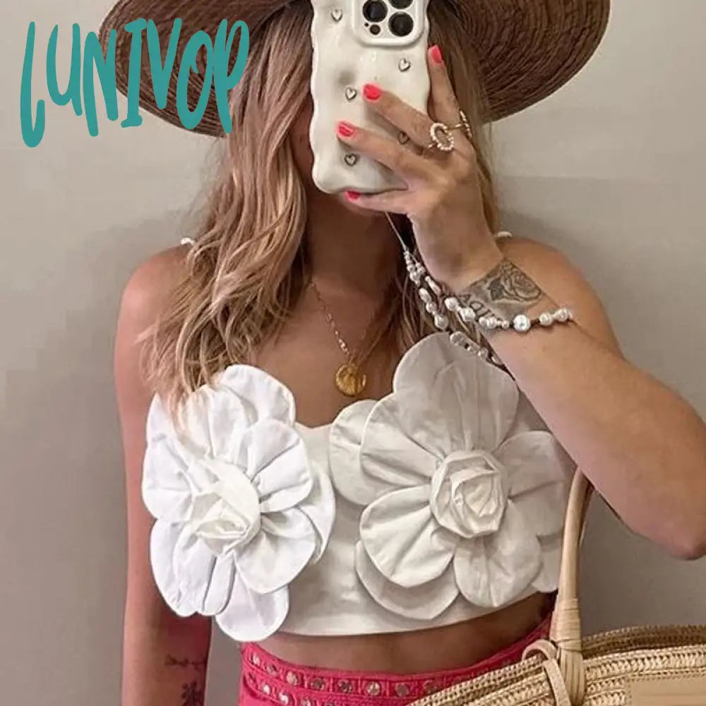 Lunivop Summer Beach Bohemian Sleeveless Camis 3D Flower Chest Wrap Crop Tops Women Fitted Open Back Low Cut Vest Fashion Streetwear Hooded Caped Shawl Collar