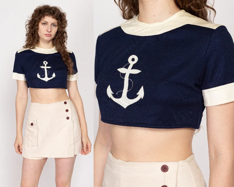 Med-Lrg 70s Nautical Anchor Applique Crop Top Polka Dot Checkered Tartan