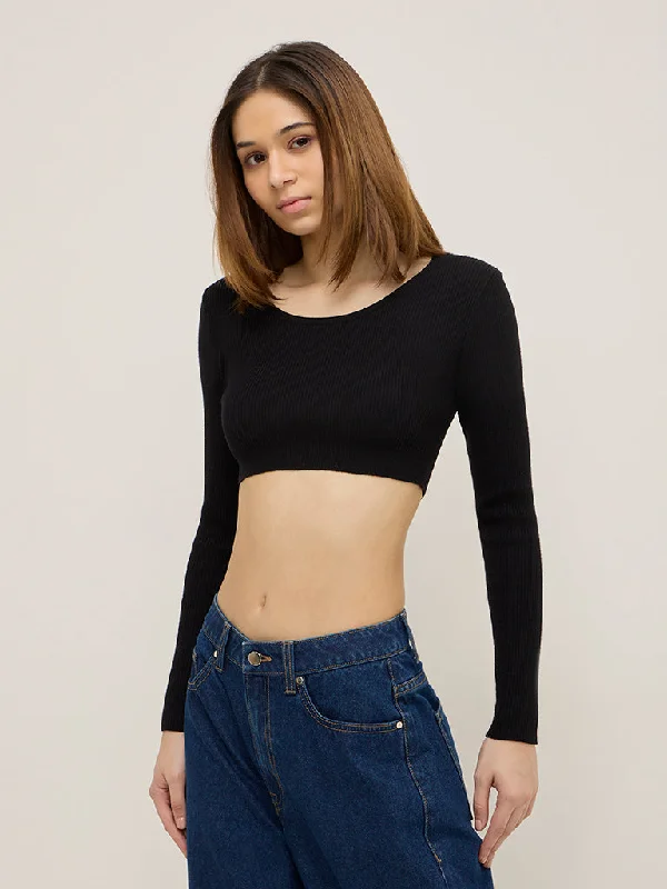 Nuon Black Ribbed Crop Top Houndstooth Herringbone Solid