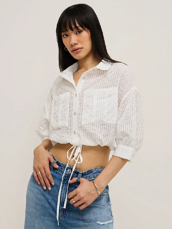 Nuon White Waffle-Textured Crop Top Cozy Warm Stylish