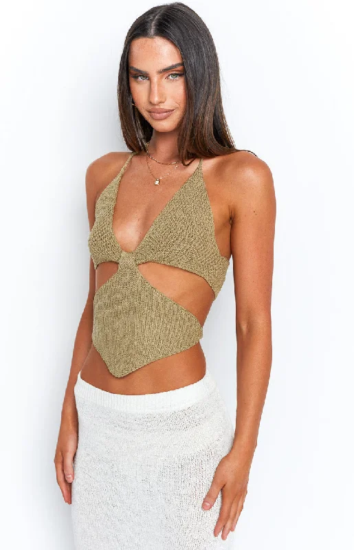 Opal Khaki Cut Out Crop Top Print Jacquard Patchwork