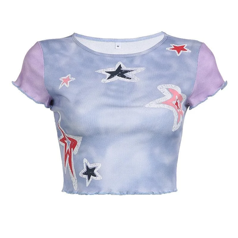 Ruffle star pattern contrast cap sleeve tie dye crop top Cashmere Blend Cotton Blend Poly Blend