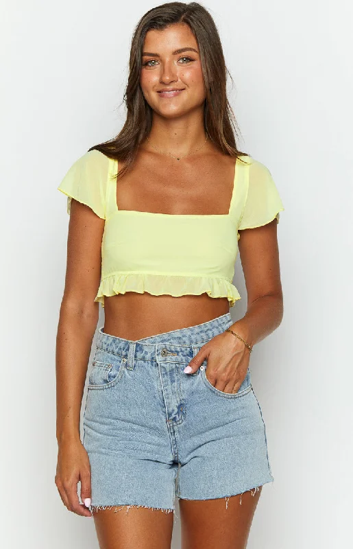 Rylee Yellow Chiffon Crop Top Collared Crew Neck Turtle Neck