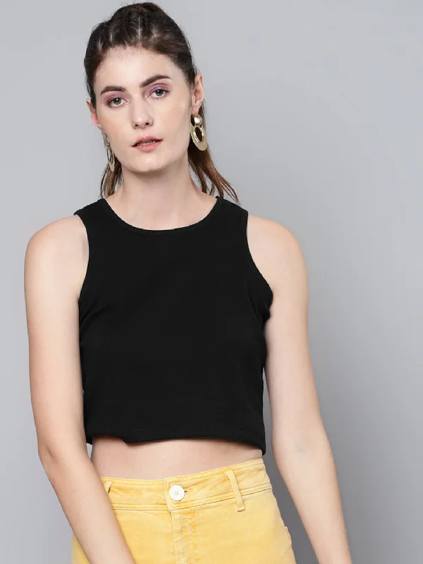 Women Black Box Back Rib Crop Top Terry Blend Velvet Blend Canvas Blend