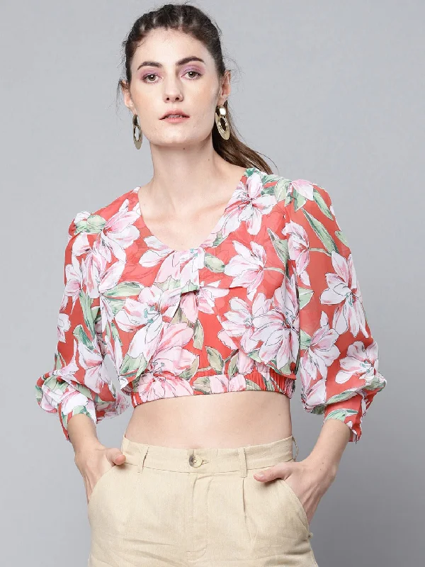 Women Red Floral Full Sleeve Crop Top Spandex Blend Rayon Blend Denim Blend