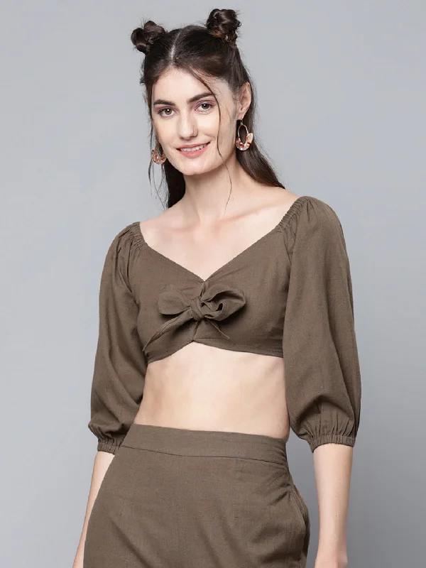 Women Brown Cotton Linen Tie-Up Crop Top Silk Blend Satin Velvet