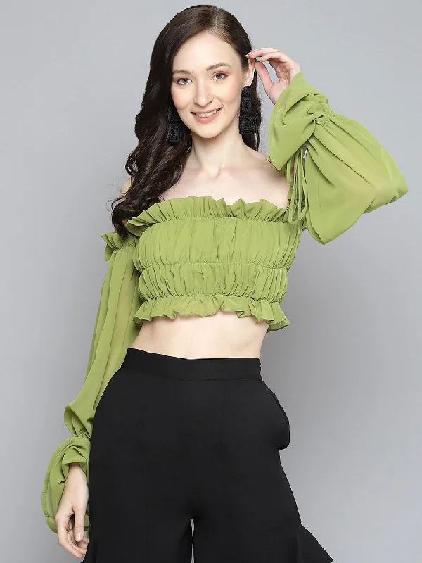 Women Green Off Shoulder Ruched Crop Top Zippered Front Buttoned Front Snap Front