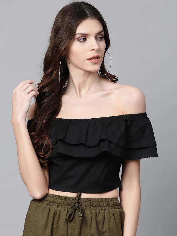 Black Off Shoulder Layer Crop Top Ribbed Striped Patterned