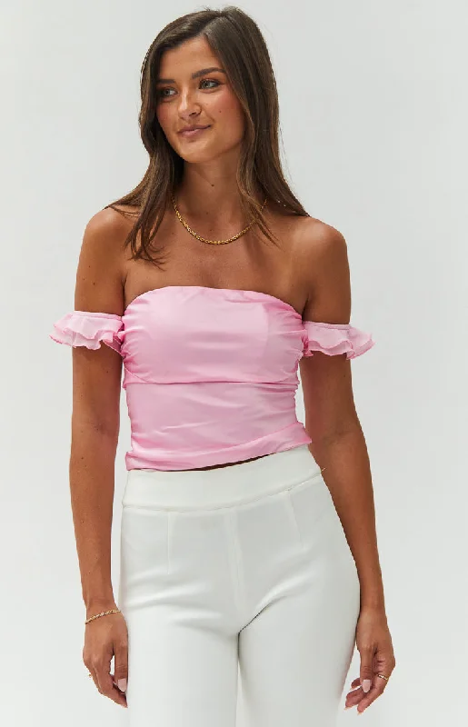 Silvia Pink Satin Crop Top Zippered Front Buttoned Front Snap Front