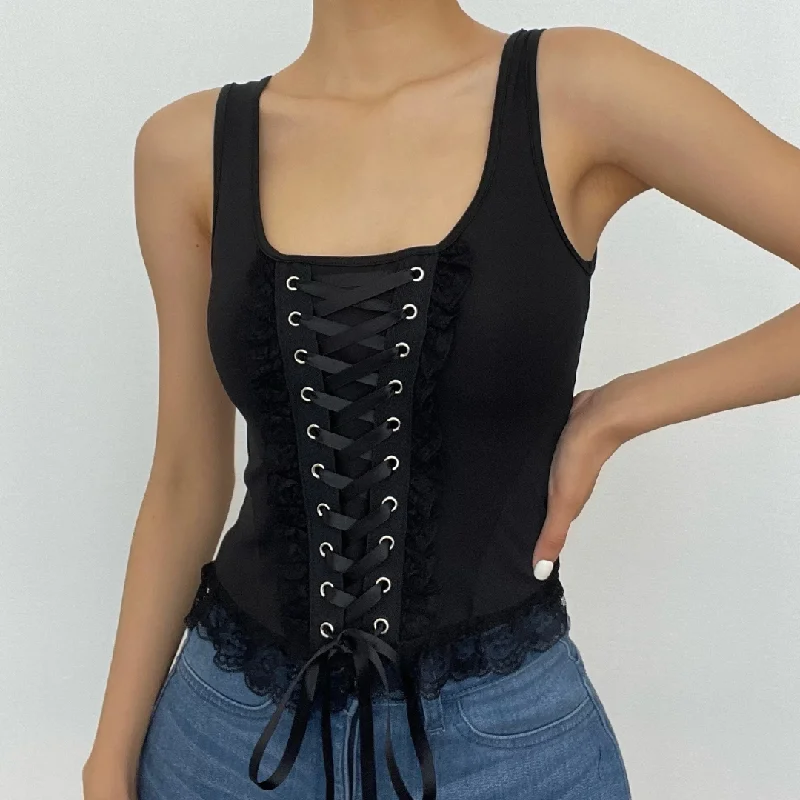 Sleeveless solid lace up zip-up lace hem self tie crop top Knit Fabric Woven Fabric Fleece Fabric