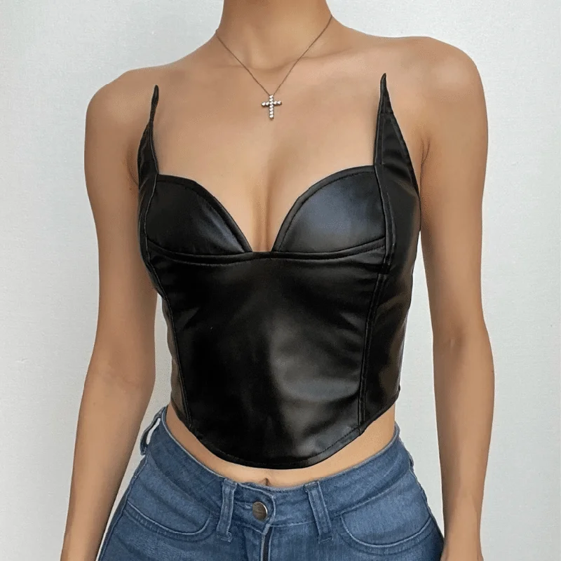 Solid PU leather zip-up v neck backless bustier tube crop top Collared Crop Top Boat Neck A-Line