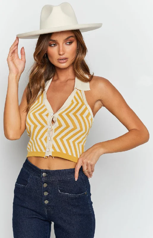 Suit Up Striped Crop Top Yellow Notch Collar Peter Pan Collar Cowl Neck