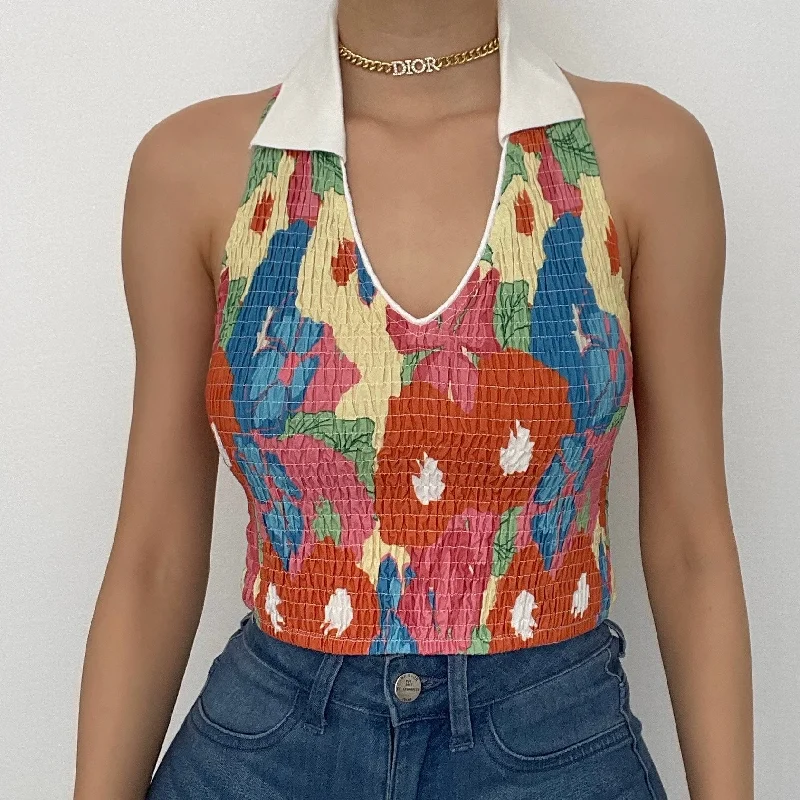 Textured contrast flower print turnover collar sleeveless halter crop top Iron Safe Non-Iron Wrinkle Free