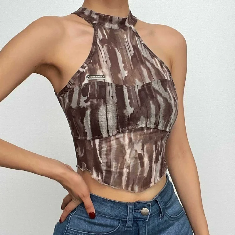 Tie dye halter metal tag contrast mesh sleeveless crop top Wool Fabric Cashmere Fabric Tweed Fabric