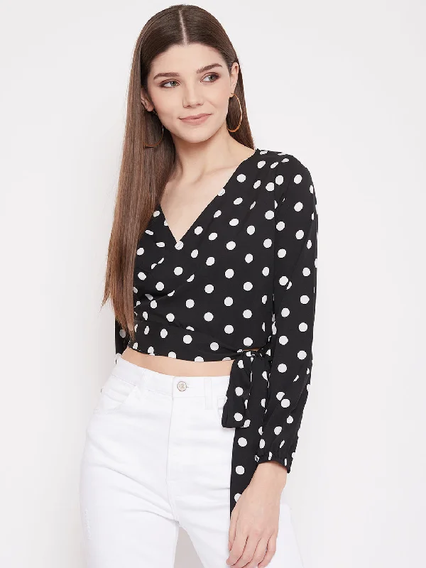 Berrylush Women Black Polka Dot Printed Wrap Tie Crop Top Anti-Pilling Machine Wash Handmade