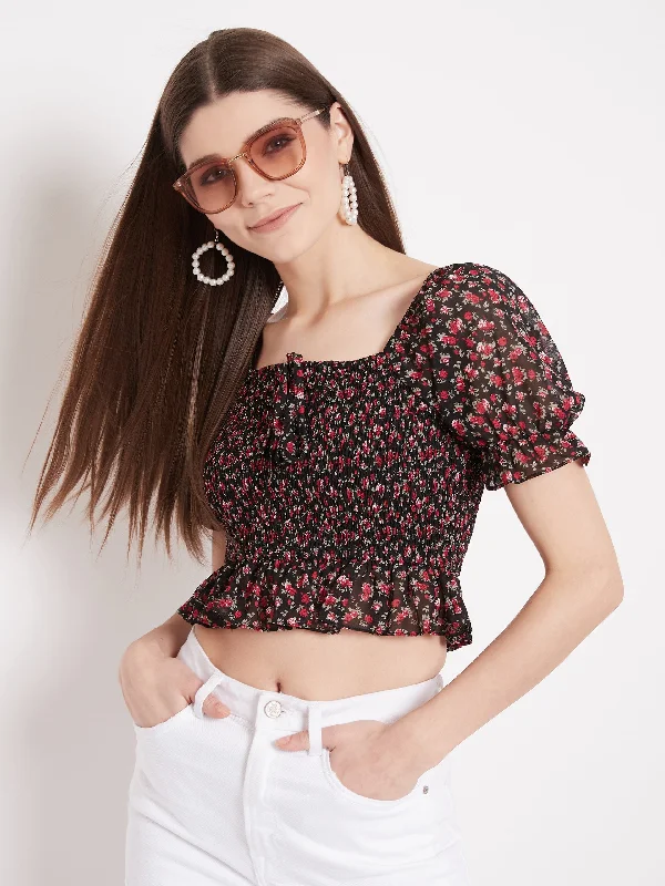 Berrylush Women Black Floral Print Smocked Crop Top Zippered Front Buttoned Front Snap Front